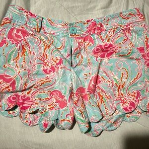Lilly Pulitzer Scalloped Floral Print Cotton Shorts - Pink & Aqua